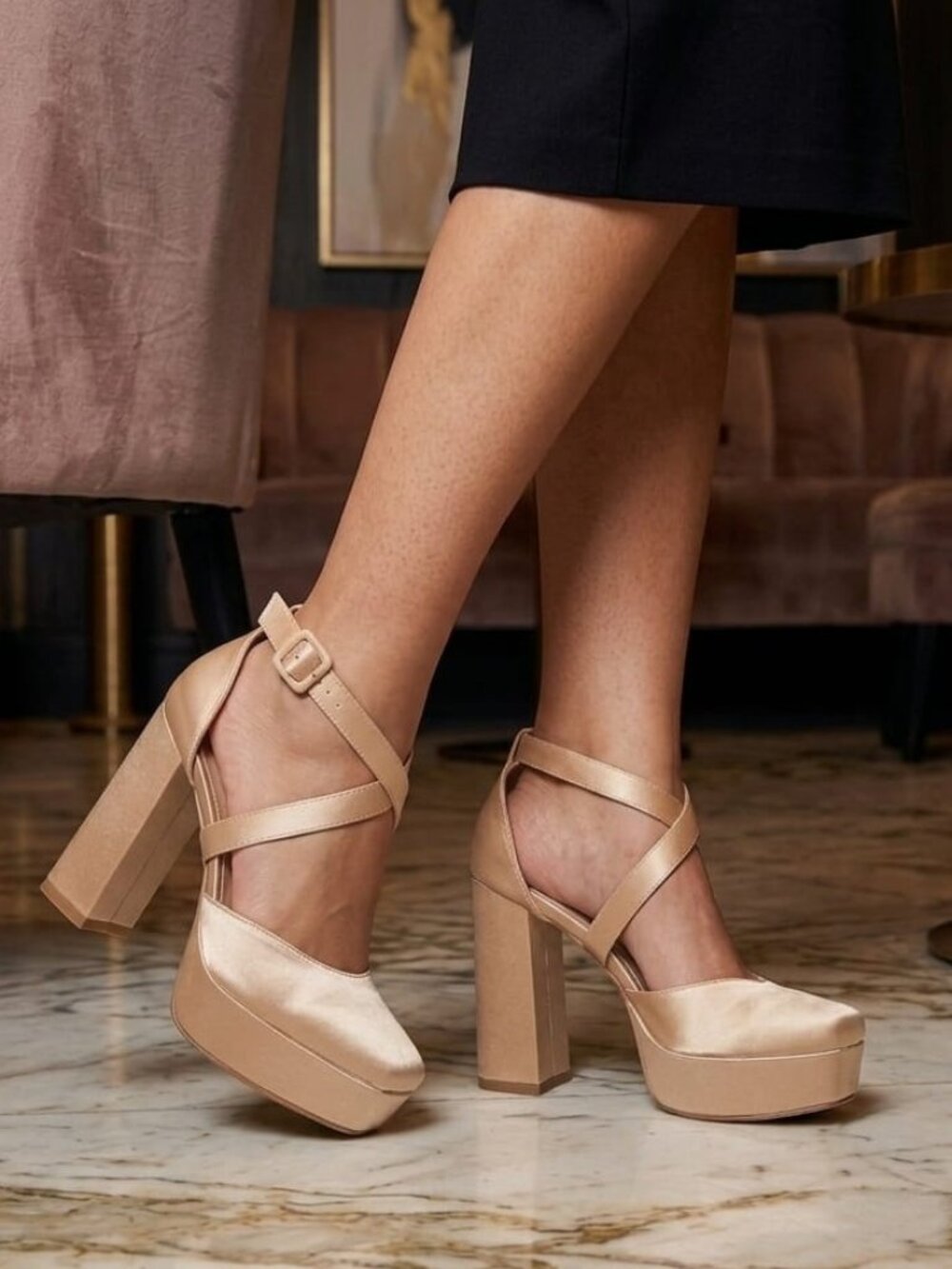 Block Heel Satin Platform Shoes With Cross-Strap Design Elegant Champagne Evenin